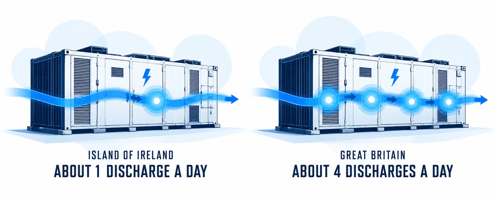Two battery containers: the island of Ireland, about one discharge a day, and Great Britain, about four discharges a day