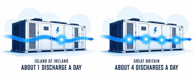 Two battery containers: the island of Ireland, about one discharge a day, and Great Britain, about four discharges a day